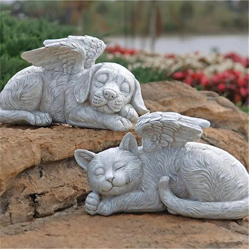 Escultura Decorativa Cão e Gato Anjos